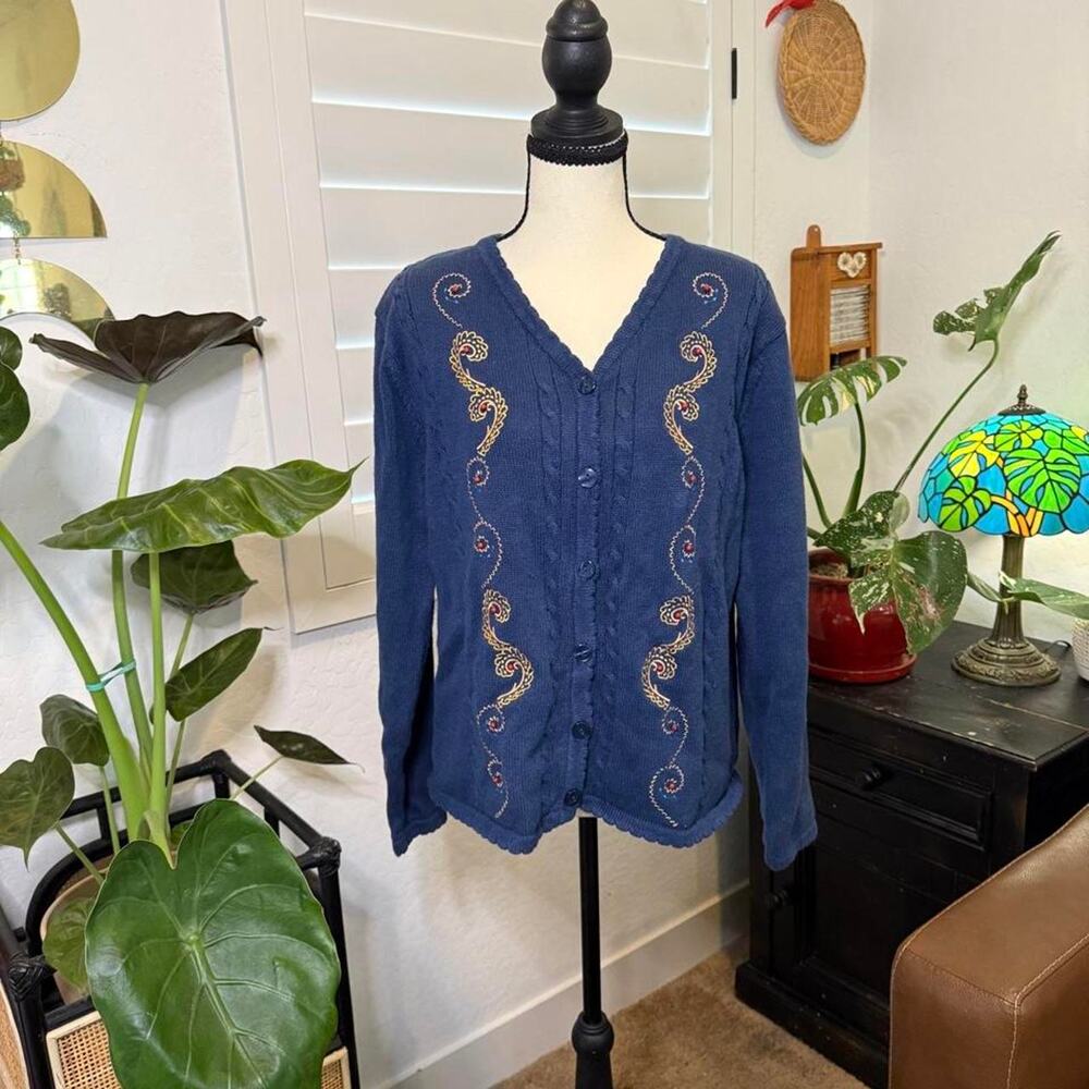 Vintage 90s BonWorth Navy Embroidered Wooden Bead Cardigan Sweater Small